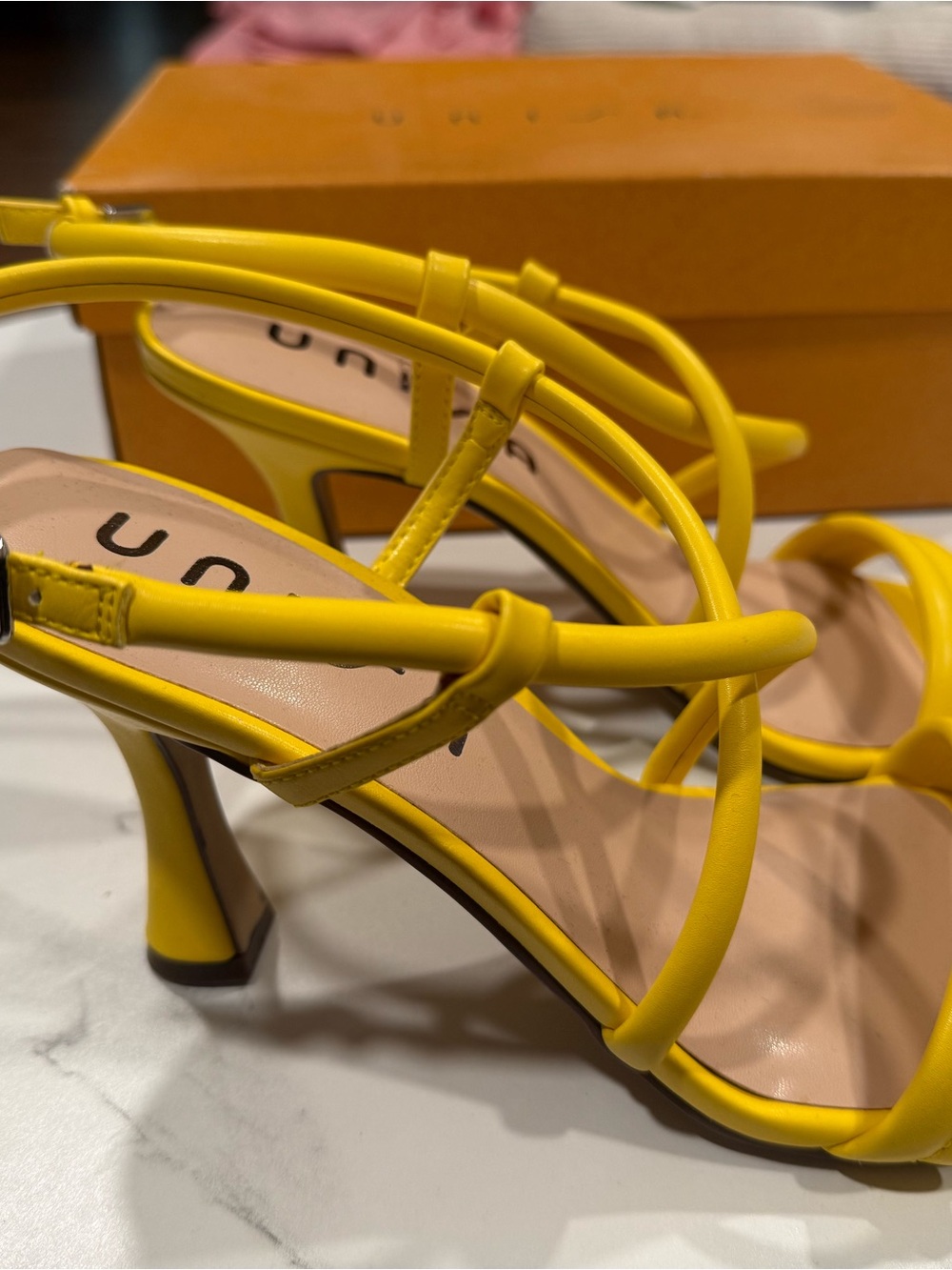 Unisa Bright Yellow Strappy Square-Toe Heeled Sandals - Picture 2 of 4